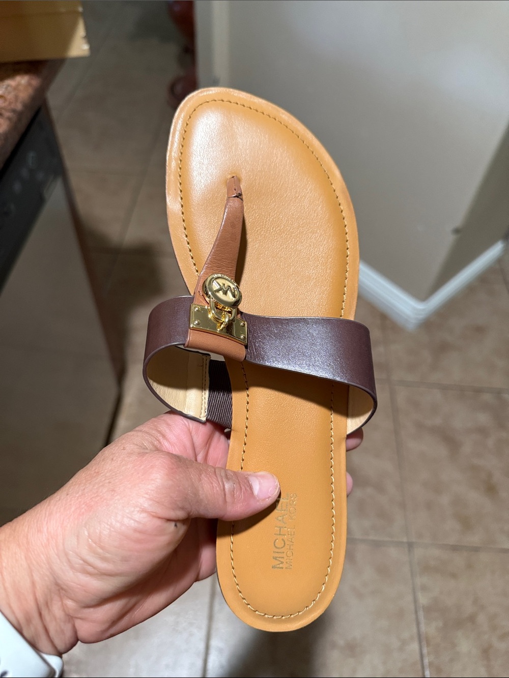 Michael Kors Tan and Dark Brown Leather Logo Toe-Ring Sandal